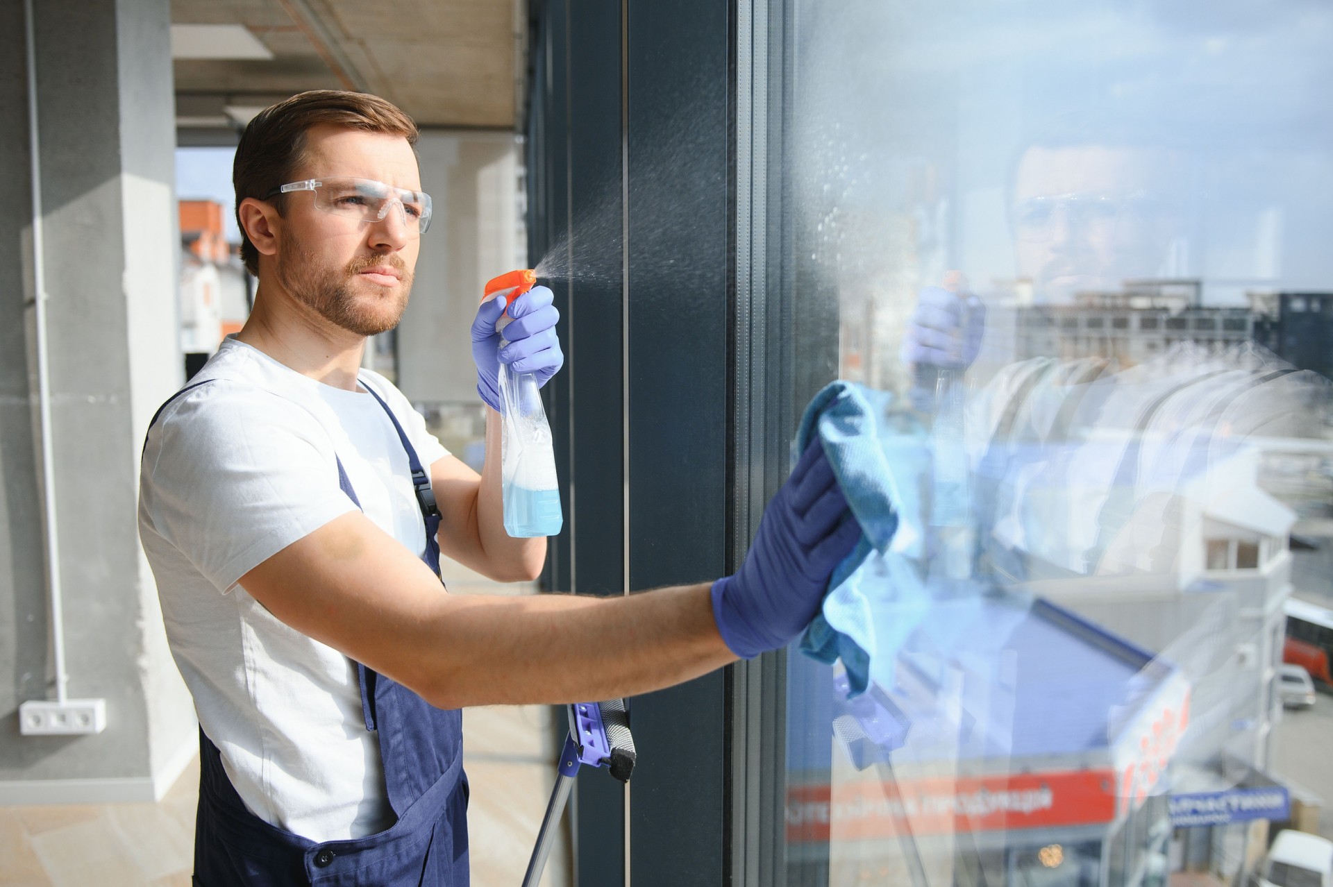 Ein Mitarbeiter eines professionellen Reinigungsdienstes wäscht das Glas der Fenster des Gebäudes. Vitrinenreinigung für Geschäfte und Unternehmen.